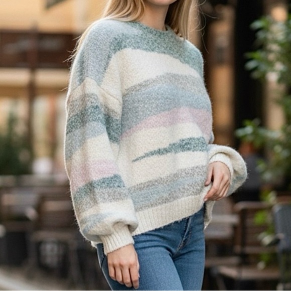 Altar’d State Cozy Blue, Cream Colorful Boho Crewneck Striped Sweater Size M - Picture 2 of 10